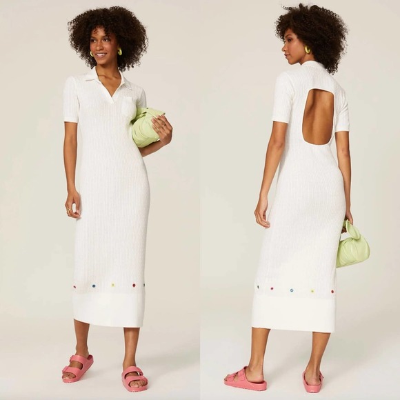 Staud Cecily Cable Knit Open Back Maxi Dress In White Size Medium